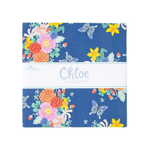 Image of the Chloe 10 inch Stacker by Rachel Erickson for Riley Blake Designs. Features the main blueberry quilting cotton fabric with scattered clusters of flowers and butterflies on a blue background.
Cute Little Fabric Shop