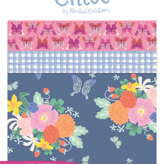 Image of the Chloe storyboard by Rachel Erickson for Riley Blake Designs. Features the main blueberry quilting cotton fabric with flowers and butterflies on a blue background and coordinating pink and blue fabrics. 
Cute Little Fabric Shop