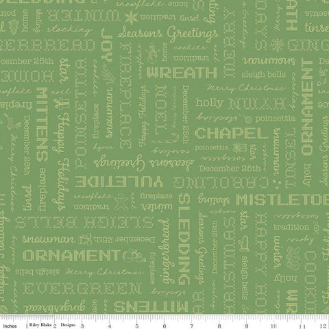 Image of the Home Town Holiday Words Basil by Riley Blake Designs. Features Christmas words and phrases on a green background. 
Cute Little Fabric Shop