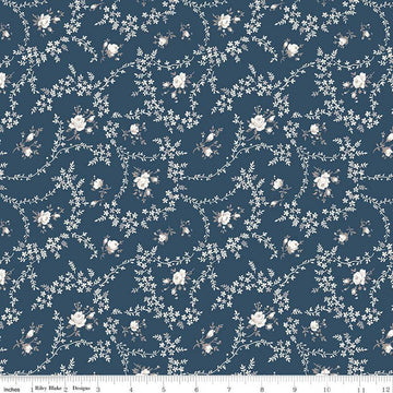 Image of the Serenity Blues Vines Navy quilting cotton fabric by Gerri Robinson for Riley Blake Designs. Features tossed blossoms and vines of leaves on a dark blue background. 
Cute Little Fabric Shop