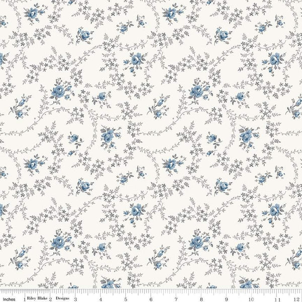 Image of the Serenity Blues Vines Cloud quilting cotton fabric by Gerri Robinson for Riley Blake Designs. Features tossed blossoms and vines of leaves on a cream white background. 
Cute Little Fabric Shop