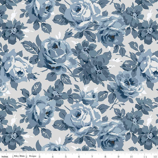 Image of the Serenity Blues Main Taupe quilting cotton fabric by Gerri Robinson for Riley Blake Designs. Features tossed large roses and leaves on a light gray background. 
Cute Little Fabric Shop