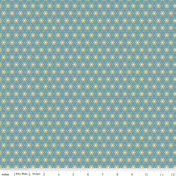 Image of the Home Town Holiday Star Raindrop quilting cotton fabric by Riley Blake Designs. Features geometric stars on a teal blue background.
Cute Little Fabric Shop