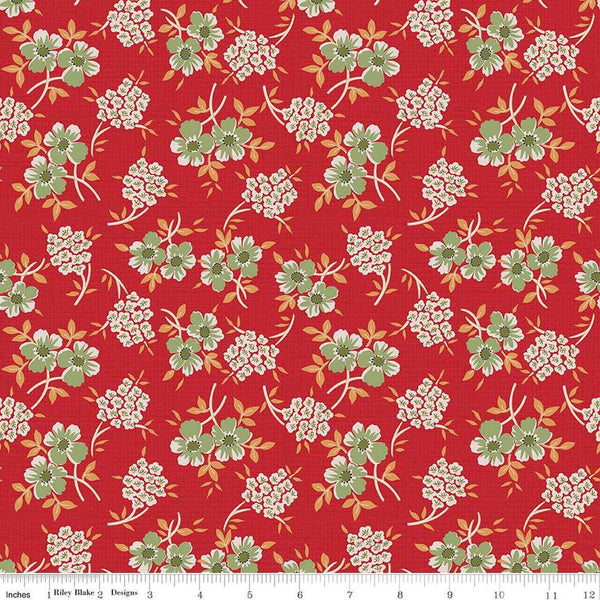 Image of the Home Town Floral Wreath Schoolhouse quilting cotton fabric by Riley Blake Designs. Features clustered flowers on a red background
Cute Little Fabric Shop