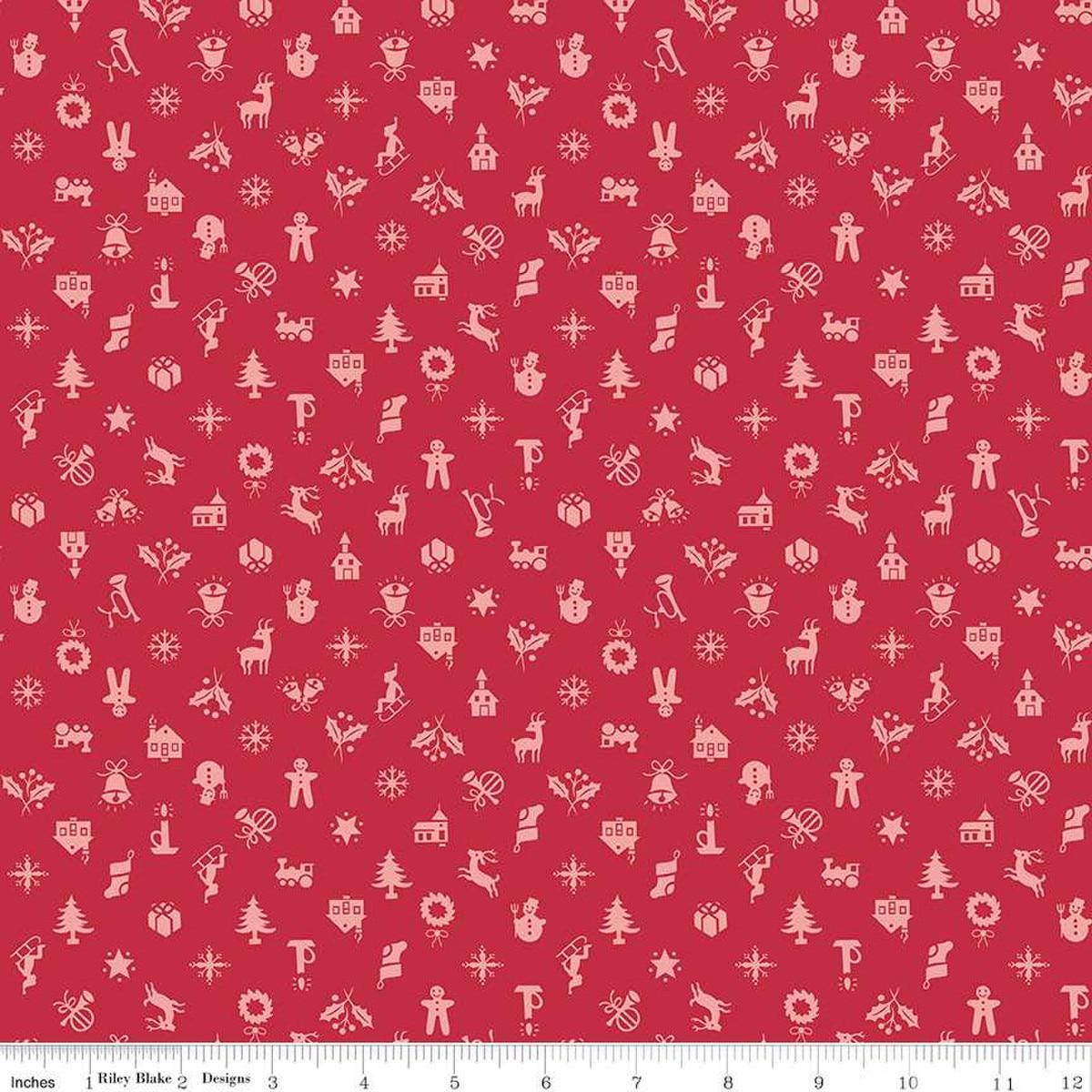 Image of the Home Town Holiday Christmas Berry quilting cotton fabric by Riley Blake Designs. Features tone-on-tone Christmas-themed icons on a berry red background.
Cute Little Fabric Shop