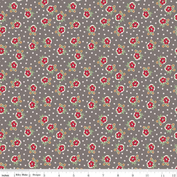 Image of the Home Town Holiday Starflower Milk Can quilting cotton fabric by Riley Blake Designs. Features scattered flowers and on a dark brown grey  background.
Cute Little Fabric Shop