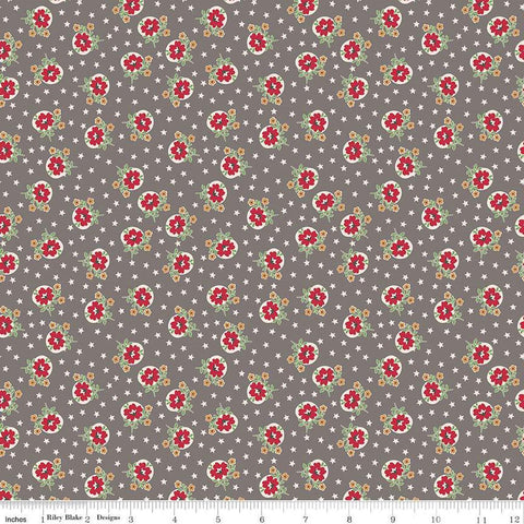 Image of the Home Town Holiday Starflower Milk Can quilting cotton fabric by Riley Blake Designs. Features scattered flowers and on a dark brown grey  background.
Cute Little Fabric Shop