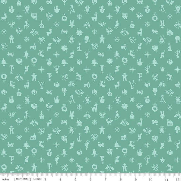 Image of the Home Town Holiday Christmas Sea Glass quilting cotton fabric by Riley Blake Designs. Features tone-on-tone Christmas-themed icons on a green teal background.
Cute Little Fabric Shop