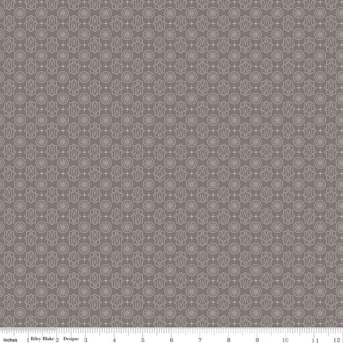 Image of the Home Town Holiday Gingerbread Milk Can by Riley Blake Designs. Features tone-on-tone array of gingerbread men and floral medallions on a dark grey brown background
Cute Little Fabric Shop