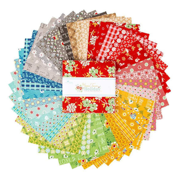 Image of the Home Town Holiday 5&quot; Stacker Bundle quilting cotton fabric by Riley Blake Designs. 
Cute Little Fabric Shop