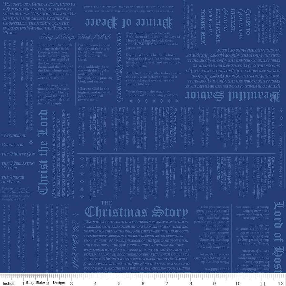 Image of the Christmas Wishes Christmas Story Blue quilting cotton fabric by Riley Blake Designs. Features  the story of the birth of Christ on a blue background. 
Cute Little Fabric Shop