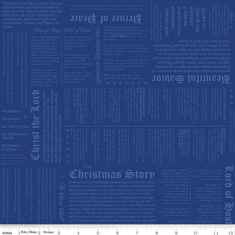 Image of the Christmas Wishes Christmas Story Blue quilting cotton fabric by Riley Blake Designs. Features  the story of the birth of Christ on a blue background. 
Cute Little Fabric Shop