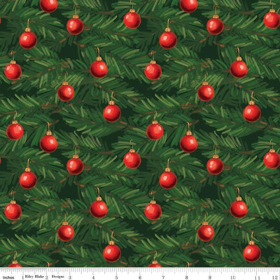 Image of the Christmas Wishes Ornaments Green quilting cotton fabric by Riley Blake Designs. Features pine leaves and ornaments on a green background. 
Cute Little Fabric Shop