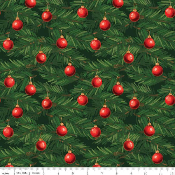 Image of the Christmas Wishes Ornaments Green quilting cotton fabric by Riley Blake Designs. Features pine leaves and ornaments on a green background. 
Cute Little Fabric Shop