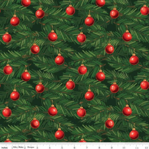 Image of the Christmas Wishes Ornaments Green quilting cotton fabric by Riley Blake Designs. Features pine leaves and ornaments on a green background. 
Cute Little Fabric Shop