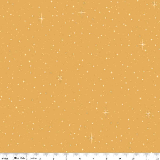 Image of the Christmas Wishes Starry Sky Gold quilting cotton fabric by Riley Blake Designs. Features scattered stars on a gold yellow background. 
Cute Little Fabric Shop