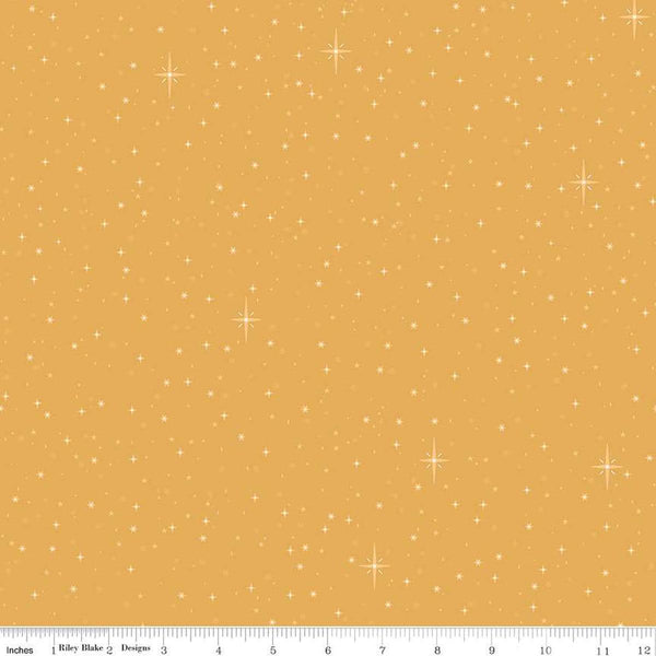 Image of the Christmas Wishes Starry Sky Gold quilting cotton fabric by Riley Blake Designs. Features scattered stars on a gold yellow background. 
Cute Little Fabric Shop