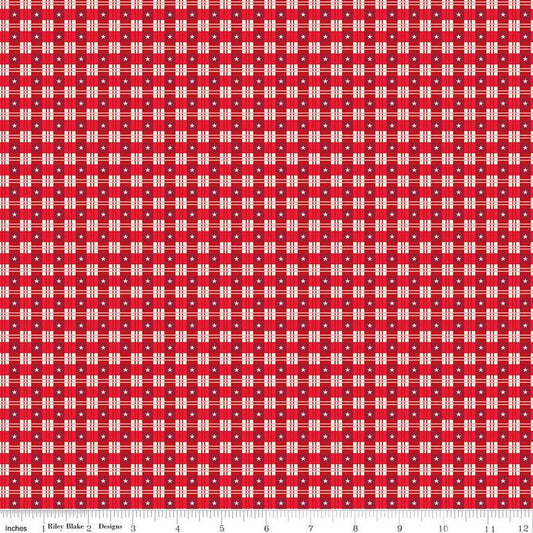Image of the Christmas Wishes Star Plaid Red quilting cotton fabric by Riley Blake Designs. Features a plaid pattern with stars on a red background. 
Cute Little Fabric Shop