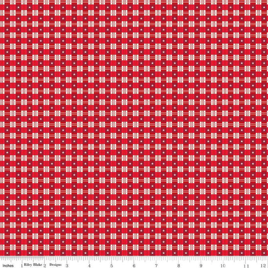 Image of the Christmas Wishes Star Plaid Red quilting cotton fabric by Riley Blake Designs. Features a plaid pattern with stars on a red background. 
Cute Little Fabric Shop