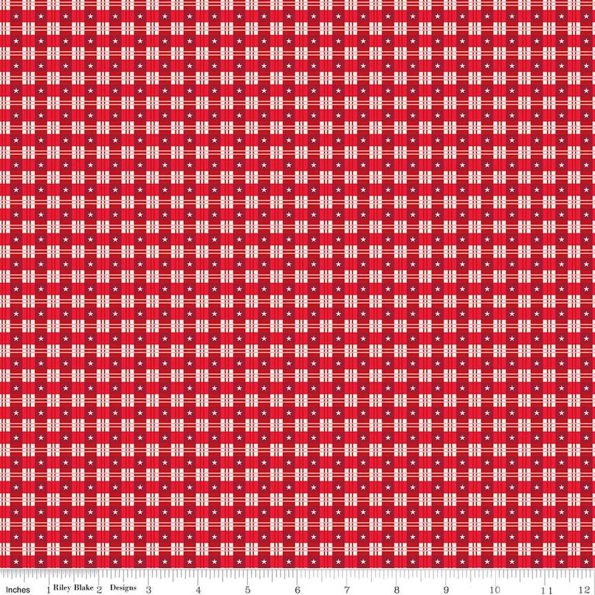 Image of the Christmas Wishes Star Plaid Red quilting cotton fabric by Riley Blake Designs. Features a plaid pattern with stars on a red background. 
Cute Little Fabric Shop