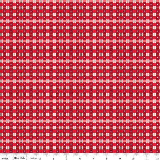 Image of the Christmas Wishes Star Plaid Red quilting cotton fabric by Riley Blake Designs. Features a plaid pattern with stars on a red background. 
Cute Little Fabric Shop