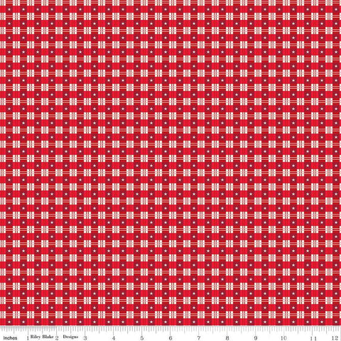 Image of the Christmas Wishes Star Plaid Red quilting cotton fabric by Riley Blake Designs. Features a plaid pattern with stars on a red background. 
Cute Little Fabric Shop