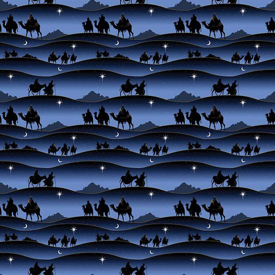 Image of the Christmas Wishes Border Print Navy quilting cotton fabric by Riley Blake Designs. Features the wisemen following the star on a blue background. 
Cute Little Fabric Shop