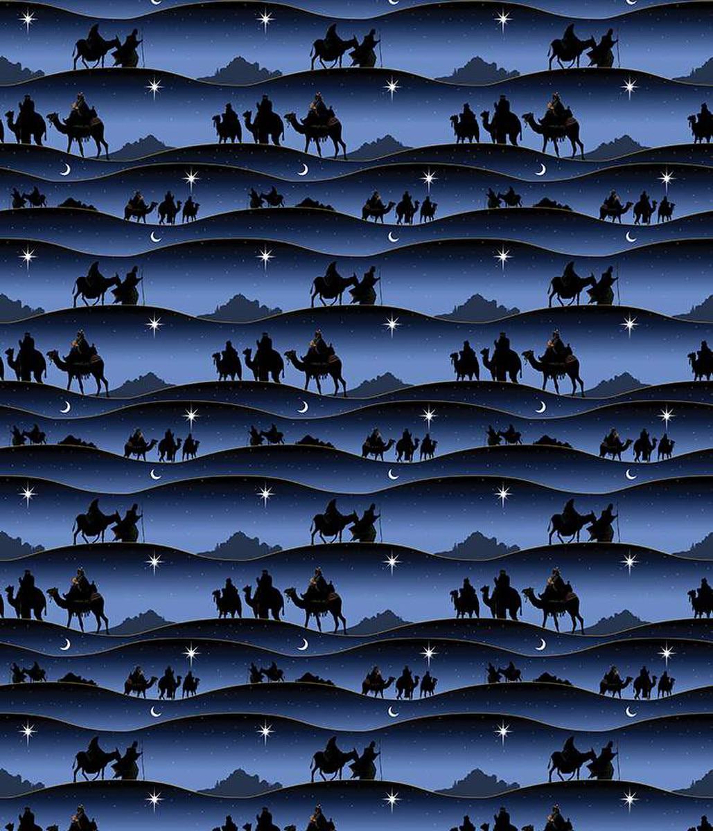 Image of the Christmas Wishes Border Print Navy quilting cotton fabric by Riley Blake Designs. Features the wisemen following the star on a blue background. 
Cute Little Fabric Shop