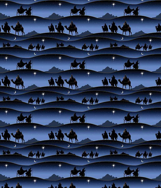 Image of the Christmas Wishes Border Print Navy quilting cotton fabric by Riley Blake Designs. Features the wisemen following the star on a blue background. 
Cute Little Fabric Shop