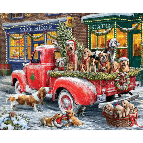 Image of the Christmas Wishes Heart of Christmas Panel digitally printed quilting cotton fabric by Riley Blake Designs. Features a picture of a vintage truck filled with puppies. 
Cute Little Fabric Shop