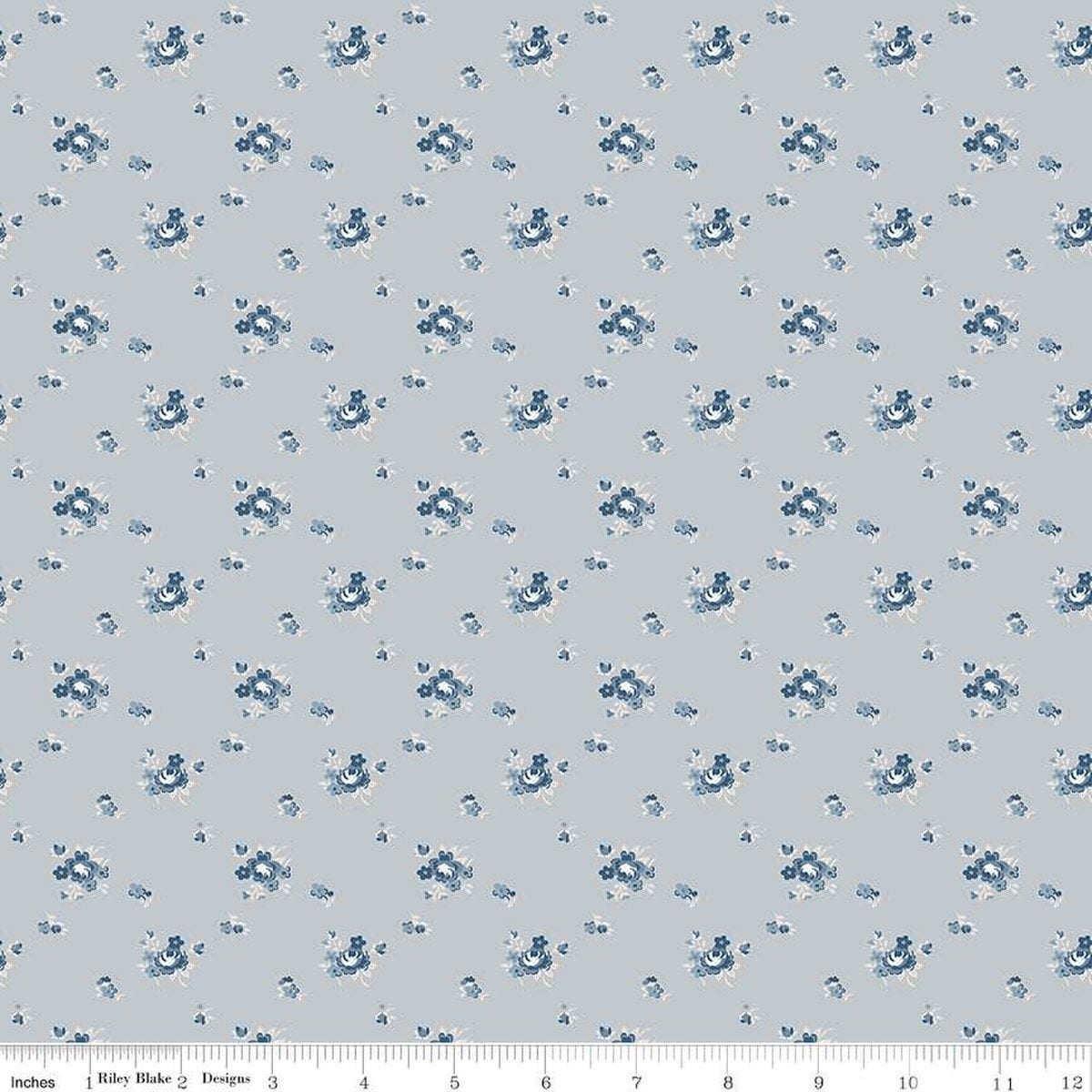 Image of the Serenity Blues Delicate Roses Gray quilting cotton fabric by Gerri Robinson for Riley Blake Designs. Features scattered flowers and small blossoms on a gray background. 
Cute Little Fabric Shop