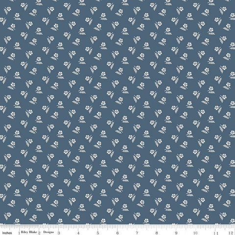 Image of the Serenity Blues Tiny Floral Navy quilting cotton fabric by Gerri Robinson for Riley Blake Designs. Features scattered blossoms and sprigs of leaves on a dark blue background. 
Cute Little Fabric Shop