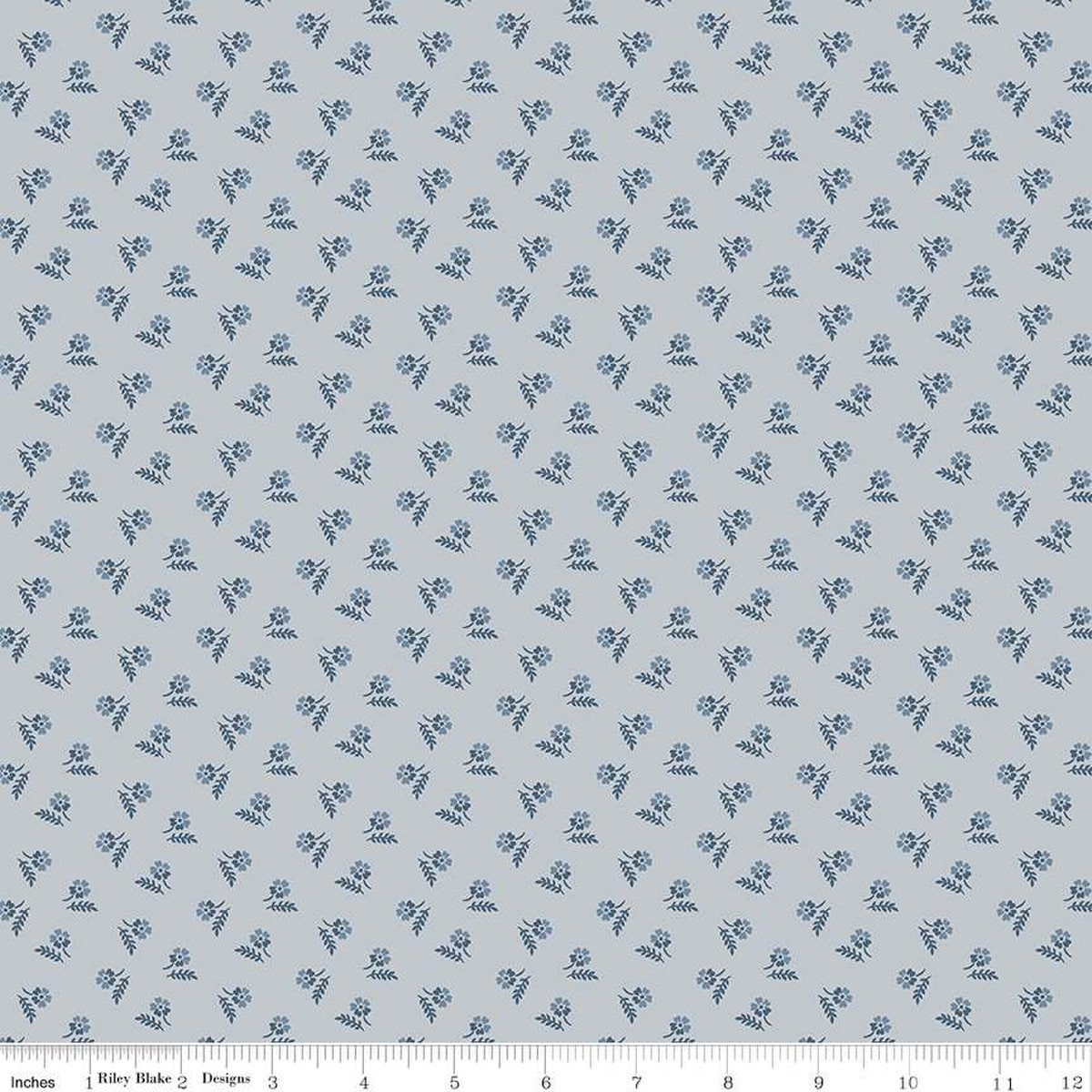 Image of the Serenity Blues Tiny Floral Gray quilting cotton fabric by Gerri Robinson for Riley Blake Designs. Features scattered blossoms and sprigs of leaves on a light gray background. 
Cute Little Fabric Shop