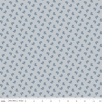 Image of the Serenity Blues Tiny Floral Gray quilting cotton fabric by Gerri Robinson for Riley Blake Designs. Features scattered blossoms and sprigs of leaves on a light gray background. 
Cute Little Fabric Shop