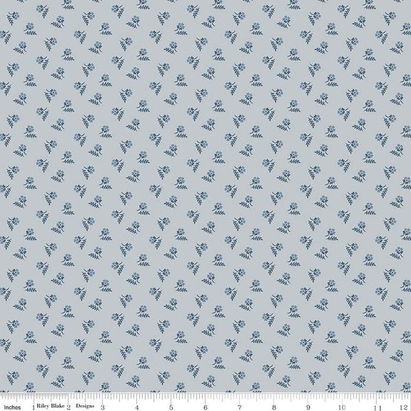 Image of the Serenity Blues Tiny Floral Gray quilting cotton fabric by Gerri Robinson for Riley Blake Designs. Features scattered blossoms and sprigs of leaves on a light gray background. 
Cute Little Fabric Shop