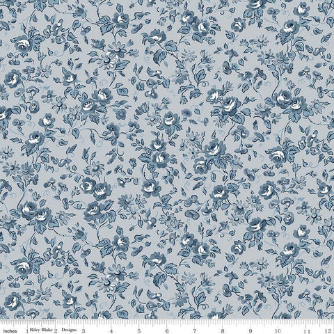 Image of the Serenity Blues Flower Toss Gray quilting cotton fabric by Gerri Robinson for Riley Blake Designs. Features tossed sprigs of flowers and leaves on a light gray background. 
Cute Little Fabric Shop