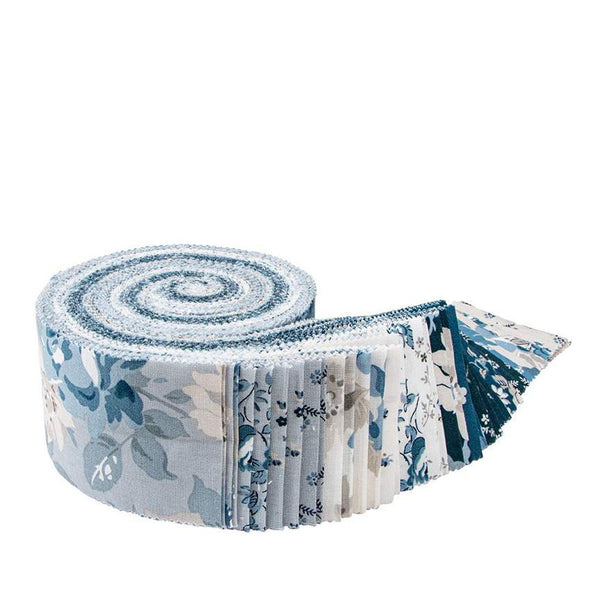 Image of the Serenity Blues Rolie Polie by Gerri Robinson for Riley Blake Designs. Pictures the main grey fabric with large blue and white roses on a grey background. 
Cute Little Fabric Shop