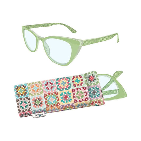 Image of the Lori Holt 2.00 Stitchy Readers™ Vintage Style by Riley Blake Designs. Features green glasses with a quilted green design on the edge in a multicolored granny square patterned case. 
Cute Little Fabric Shop