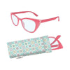 Image of the Lori Holt 5.00 Stitchy Readers™ Vintage Style by Riley Blake Designs. Features pink glasses with a dark pink design on the edge in a multicolored patterned case. 
Cute Little Fabric Shop