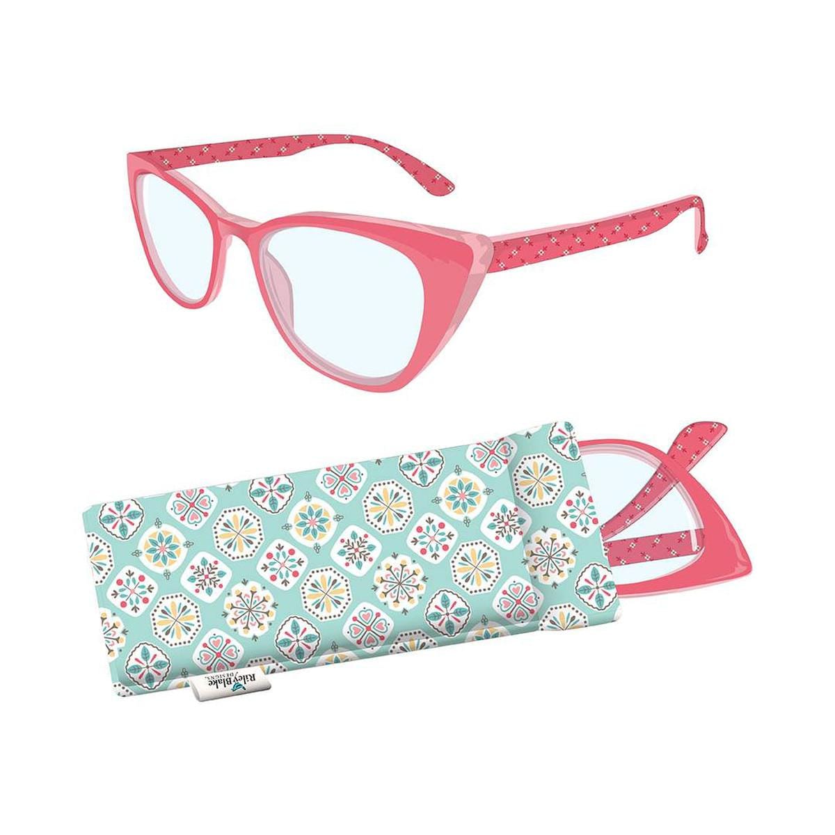 Image of the Lori Holt 5.00 Stitchy Readers™ Vintage Style by Riley Blake Designs. Features pink glasses with a dark pink design on the edge in a multicolored patterned case. 
Cute Little Fabric Shop