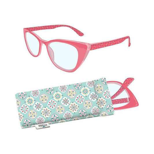 Image of the Lori Holt 5.00 Stitchy Readers™ Vintage Style by Riley Blake Designs. Features pink glasses with a dark pink design on the edge in a multicolored patterned case. 
Cute Little Fabric Shop