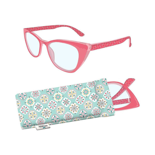 Image of the Lori Holt 5.00 Stitchy Readers™ Vintage Style by Riley Blake Designs. Features pink glasses with a dark pink design on the edge in a multicolored patterned case. 
Cute Little Fabric Shop