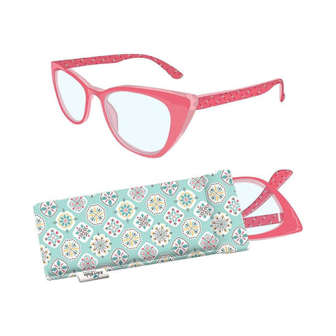 Image of the Lori Holt 5.00 Stitchy Readers™ Vintage Style by Riley Blake Designs. Features pink glasses with a dark pink design on the edge in a multicolored patterned case. 
Cute Little Fabric Shop