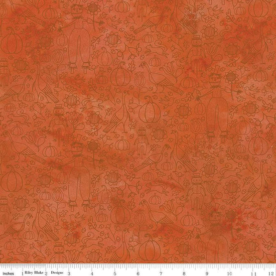 Image of the Bittersweet Farm Icons Squash quilting cotton fabric by Riley Blake Designs. Features line-drawn fall icons, such as pumpkins, turkeys, sunflowers, acorns, and scarecrows, on a textured orange background. 
Cute Little Fabric Shop