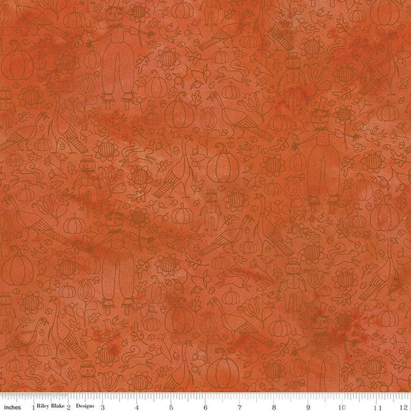 Image of the Bittersweet Farm Icons Squash quilting cotton fabric by Riley Blake Designs. Features line-drawn fall icons, such as pumpkins, turkeys, sunflowers, acorns, and scarecrows, on a textured orange background. 
Cute Little Fabric Shop