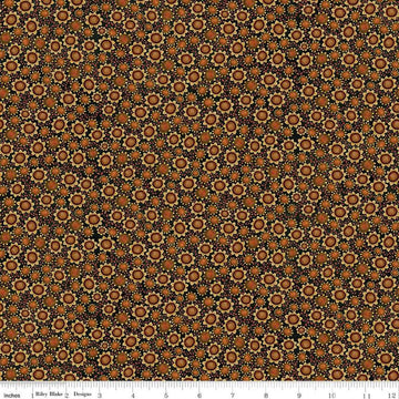 Image of the Bittersweet Farm Sunflowers Midnight quilting cotton fabric by Riley Blake Designs. Features scattered sunflowers of various sizes on a dotted black background. 
Cute Little Fabric Shop