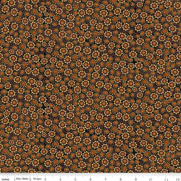 Image of the Bittersweet Farm Sunflowers Midnight quilting cotton fabric by Riley Blake Designs. Features scattered sunflowers of various sizes on a dotted black background. 
Cute Little Fabric Shop