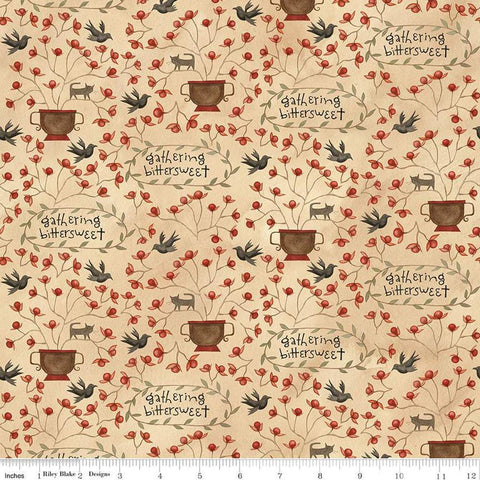 Image of the Bittersweet Farm Gathering Cornsilk quilting cotton fabric by Riley Blake Designs. Features floral pots with vining flowers, cats, birds, and the phrase gathering sweet on a cream beige background. 
Cute Little Fabric Shop