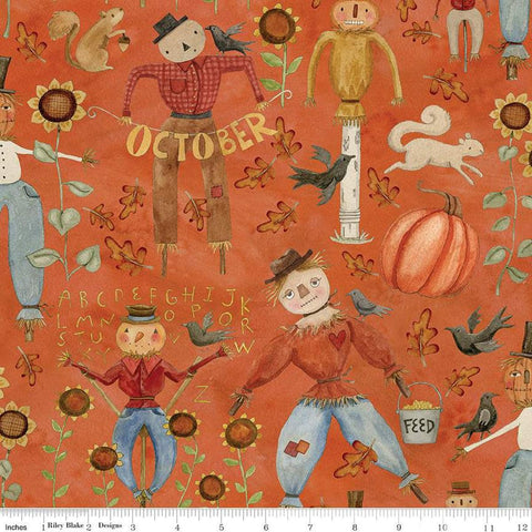 Image of the Bittersweet Farm Main Squash quilting cotton fabric by Riley Blake Designs. Features assorted fall icons, such as scarecrows, sunflowers, oak leaves, crows, squirrels, and acorns on a textured orange background. 
Cute Little Fabric Shop