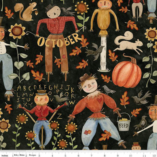 Image of the Bittersweet Farm Main Midnight quilting cotton fabric by Riley Blake Designs. Features assorted fall icons, such as scarecrows, sunflowers, oak leaves, crows, squirrels, and acorns on a textured black background. 
Cute Little Fabric Shop